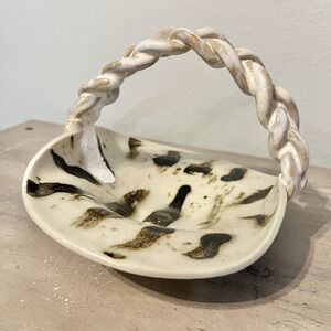Vtg Handmade Pottery Basket‎ 5"H Braided Handle Glazed Unique Asymmetrical READ
